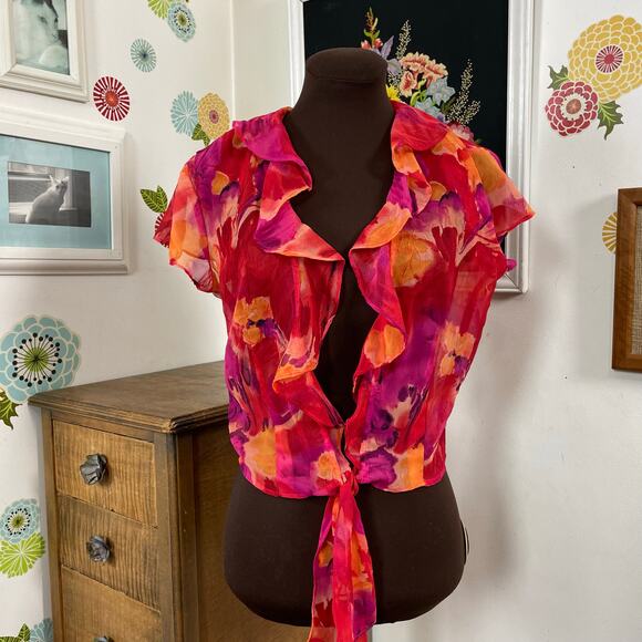 Vintage Chiffon Bolero Top, 1990s Cache Fuchsia Floral Short Sleeve Jacket Sz S - Picture 5 of 10